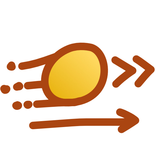 an orangey yellow circle with motion marks trailing behind it, an arrow pointing forward below it, and 2 nested arrows in front of it.